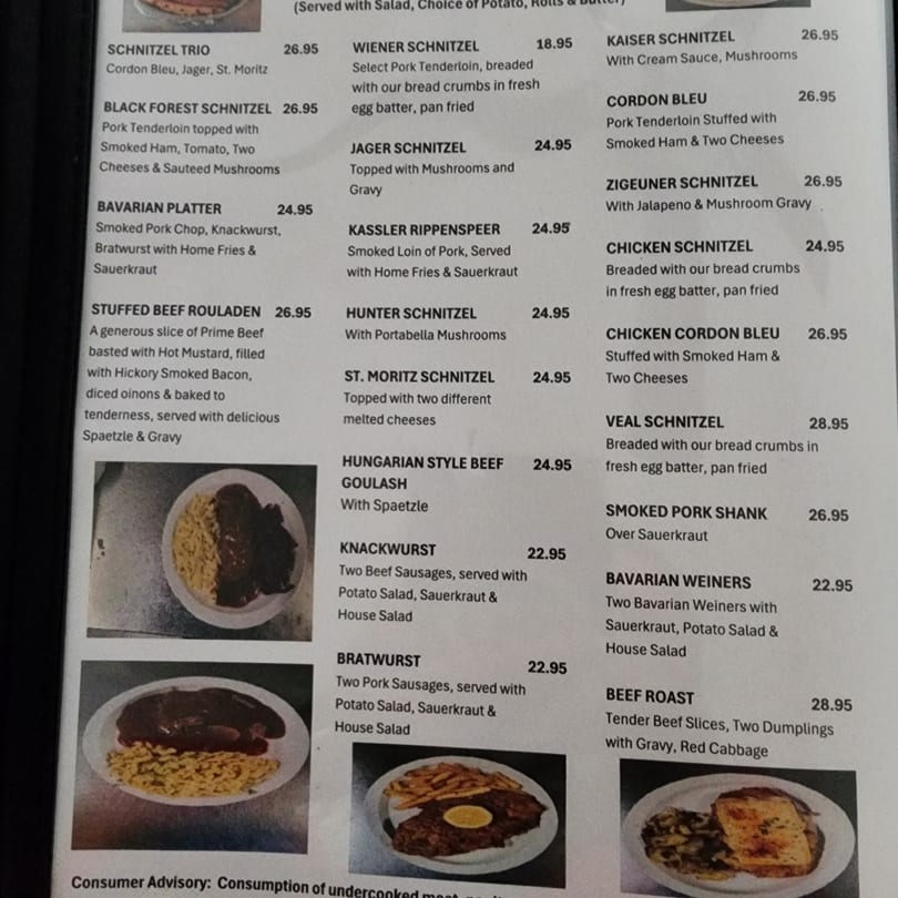 A menu from The Hub German Restaurant & Lounge, displaying various German dishes and prices.