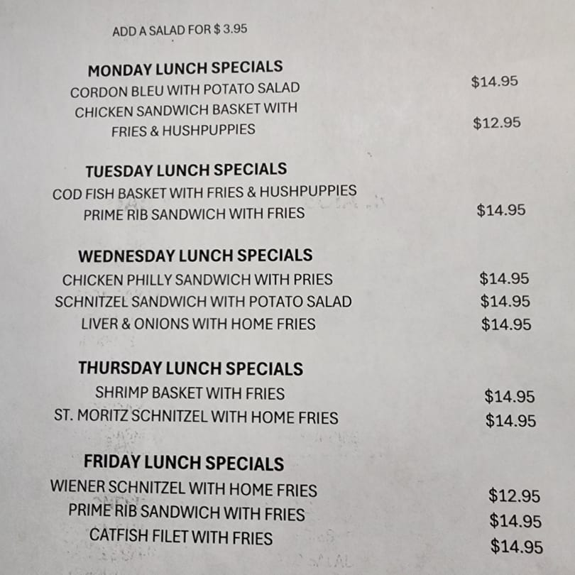 A menu from The Hub German Restaurant & Lounge displaying daily lunch specials and prices.