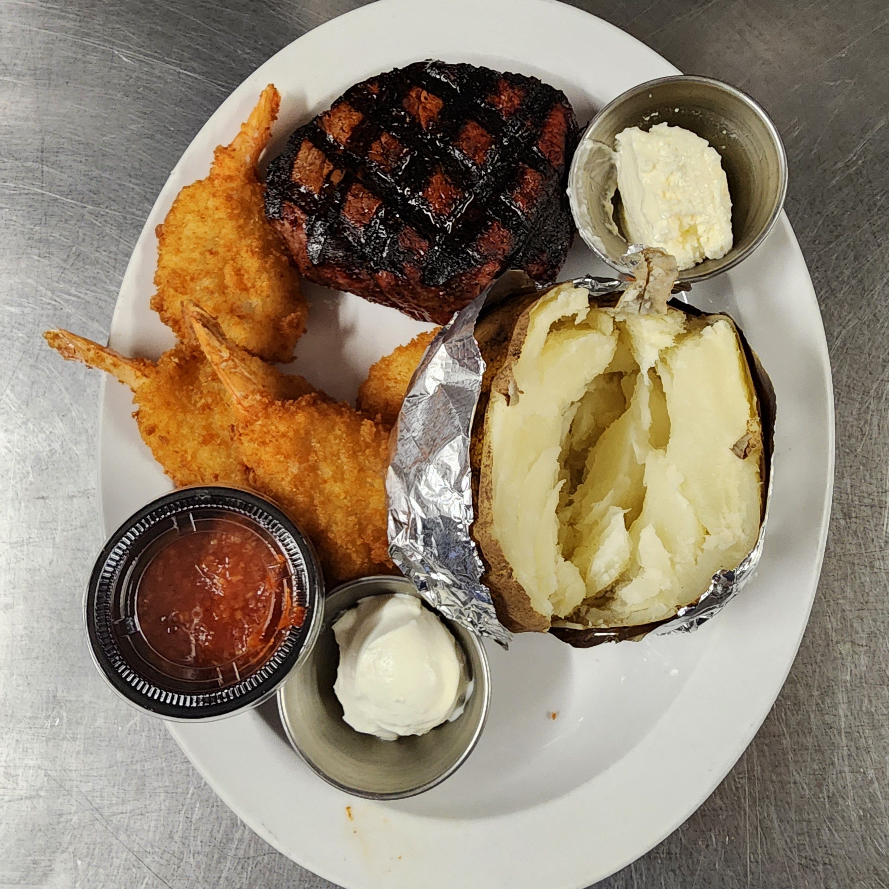Filet Mignon (10 oz) & 4 Oz Butterfly Shrimp.