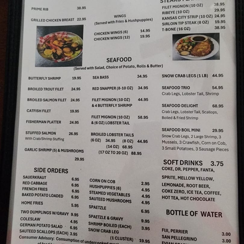 A menu from The Hub German Restaurant & Lounge, featuring German and seafood dishes.