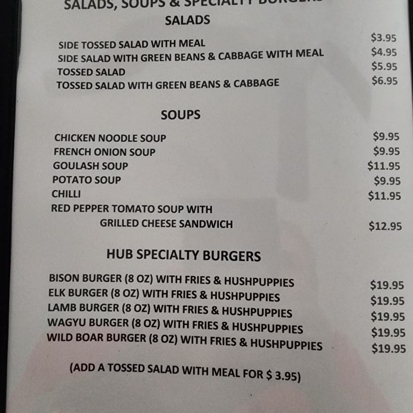A menu from The Hub German Restaurant & Lounge, featuring salads, soups, and specialty burgers.